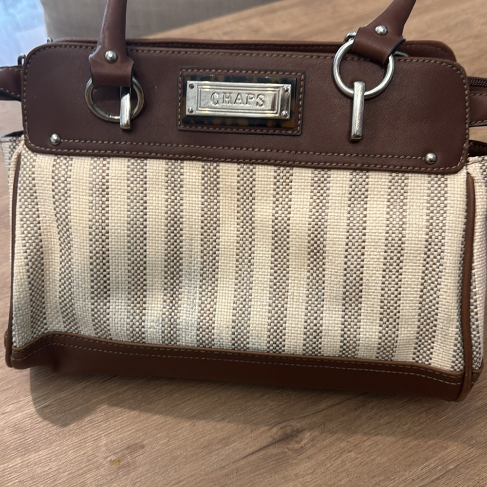 Chaps Woven Stripe Women’s Handbag Purse 3 Compartments Zipper & Snap Close Cute - Picture 3 of 16